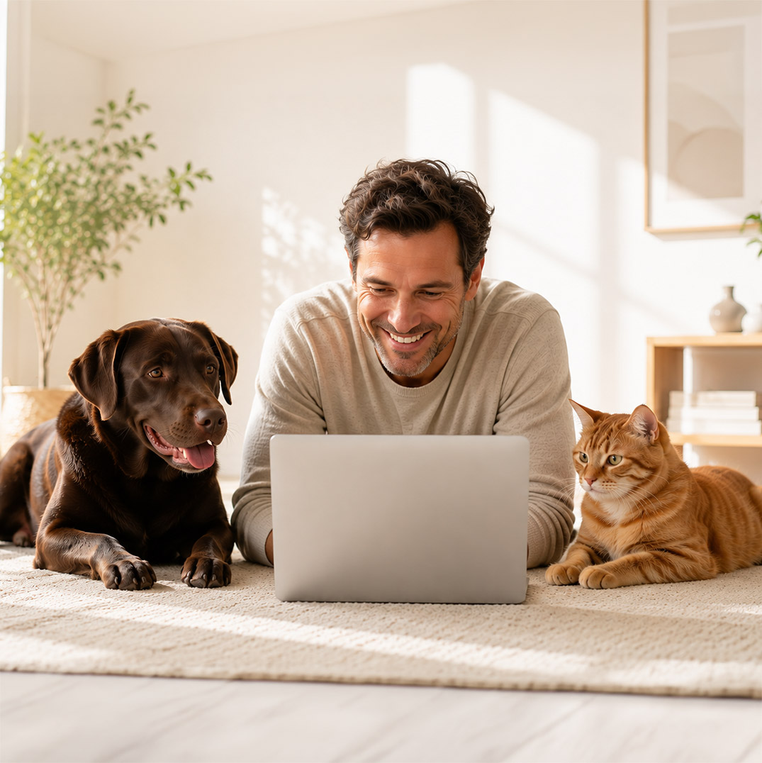 A man lying on a rug smiling at an open laptop, a chocolate labrador on one side and a ginger tabby cat on the other.