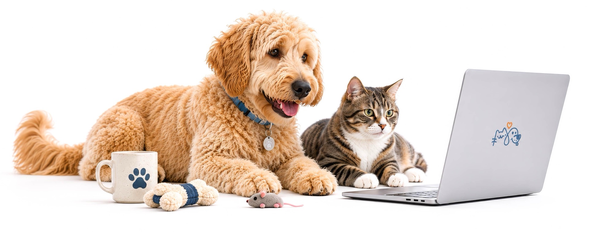 A goldendoodle and a tabby cat lying beside an open laptop, with a paw-print mug and pet toys.