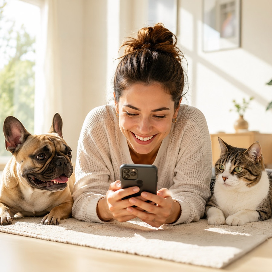A person lying on a rug smiling at their phone, a French bulldog on one side and a tabby cat on the other.