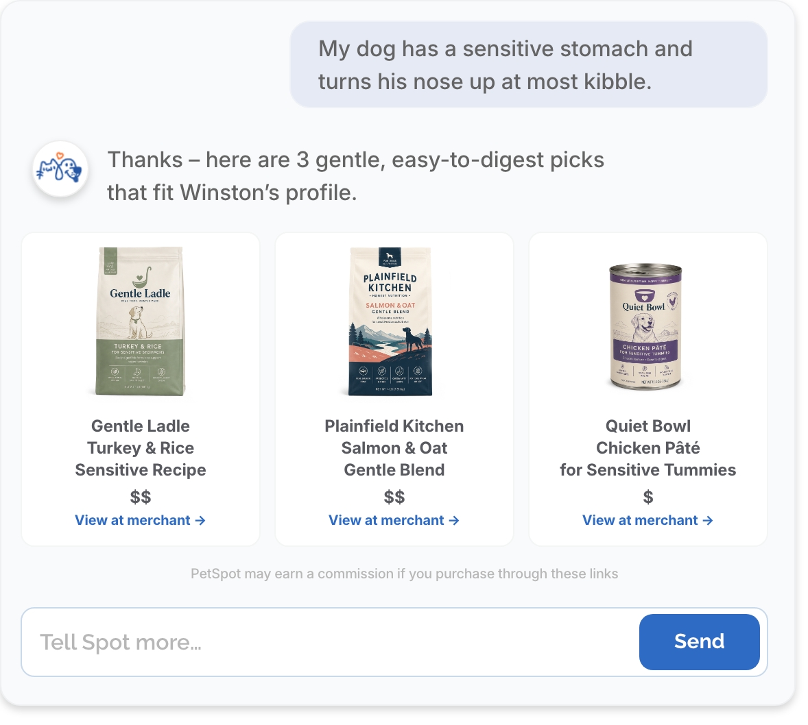 Illustration: a sample Spot conversation recommending three sensitive-stomach picks.