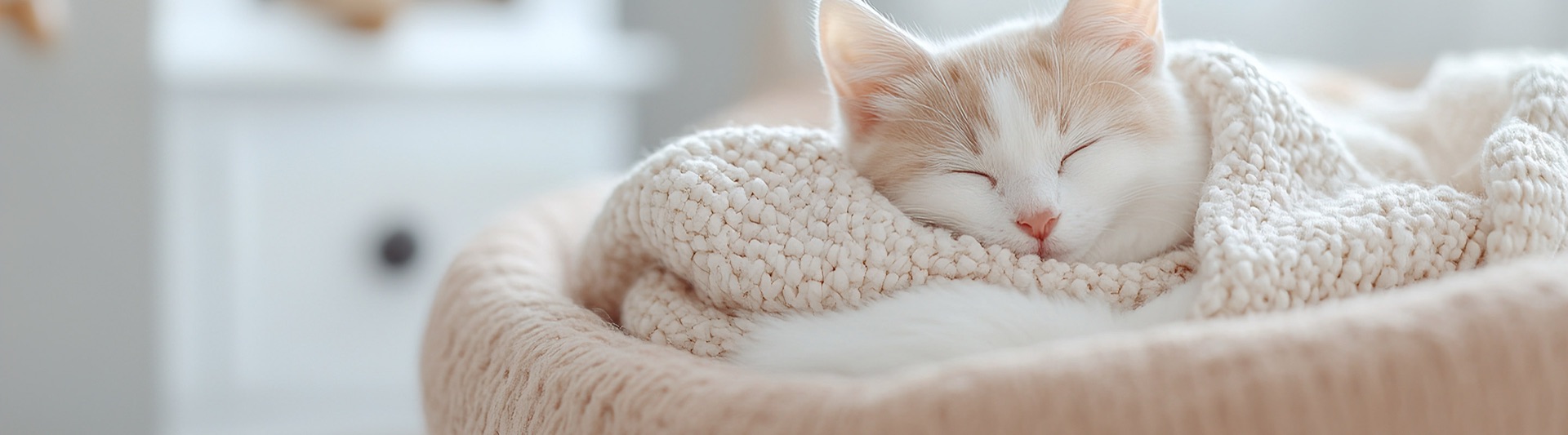A cream-coloured cat asleep, curled in a soft knitted pet bed.