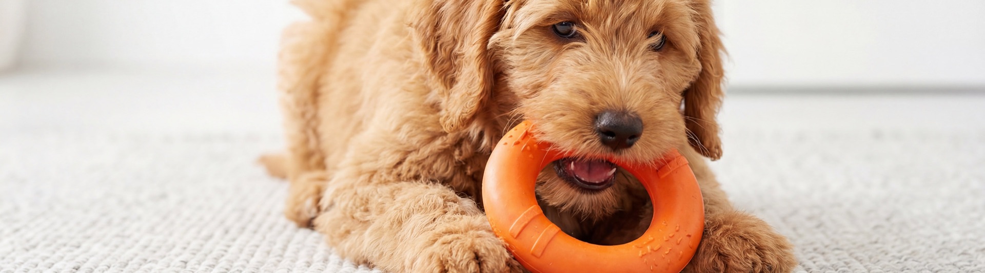 A goldendoodle puppy chewing a durable rubber ring toy.