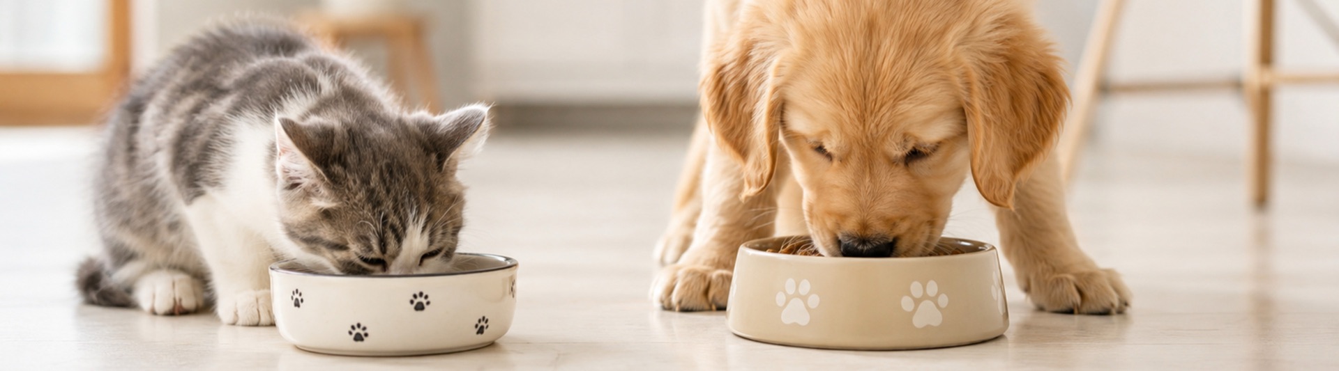 A kitten and a puppy eating side by side from pet bowls.