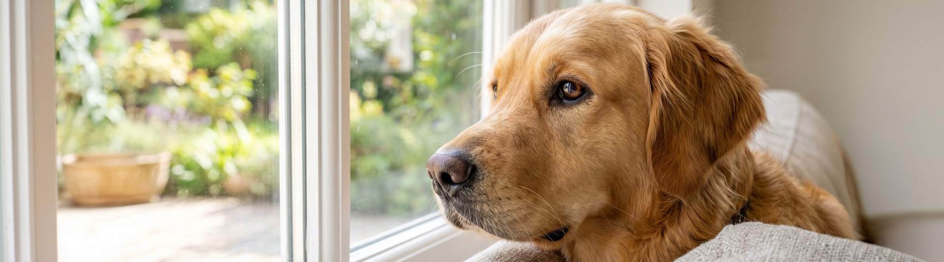 A golden retriever resting on a sofa, watching out of a window.
